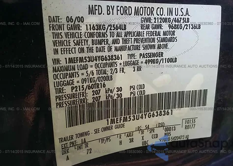 2000 Mercury Sable Ls from USA, damaged, VIN 1MEFM53U4YG638361